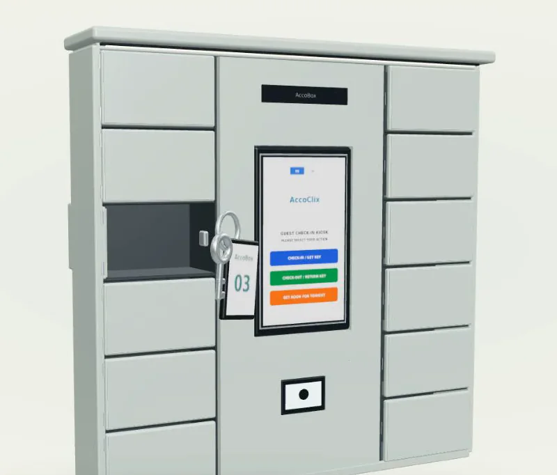 AccoBox key locker with an open compartment and a room key ready to collect